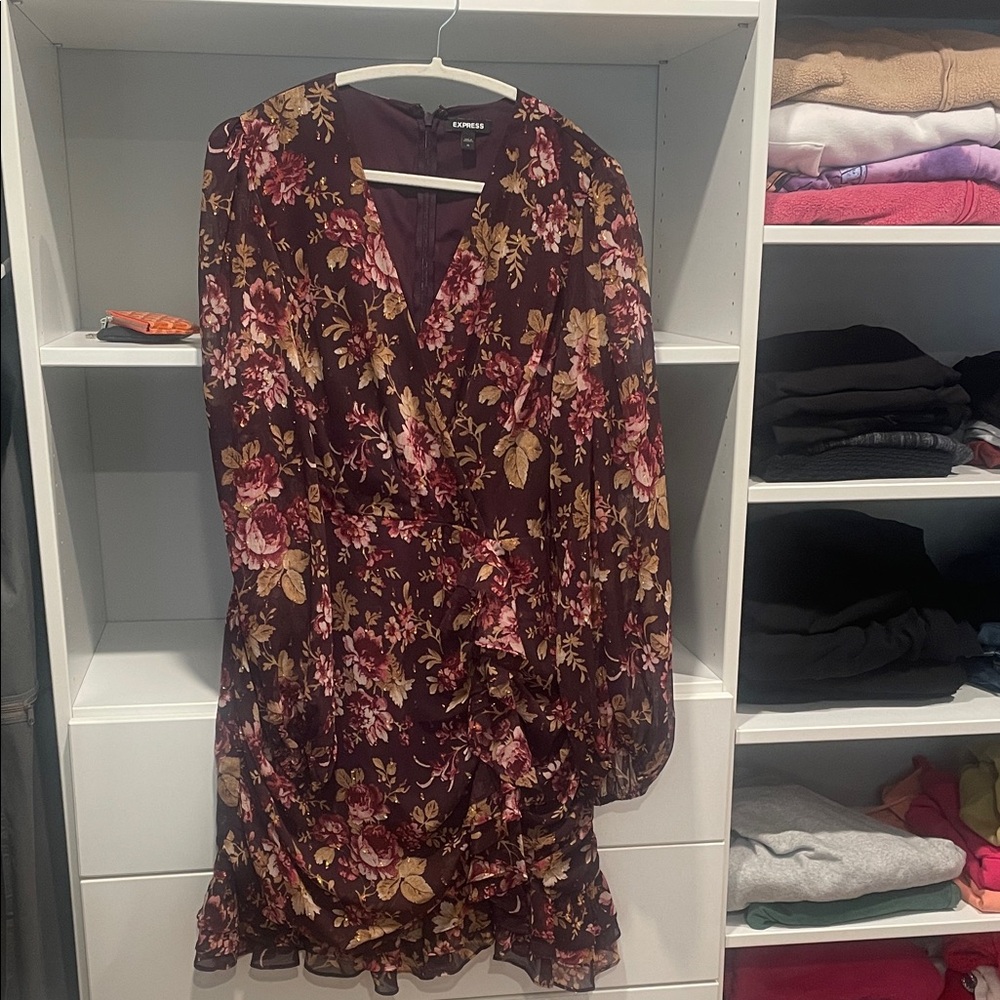 Express Burgundy Floral Long Sleeve Dress